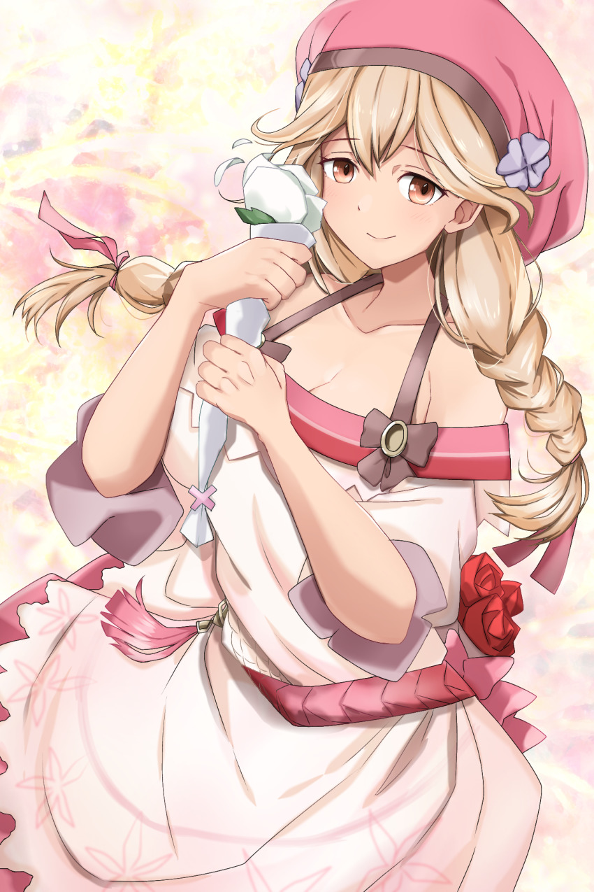 1girl, bare_shoulders, belt, bouquet, braid, breasts, brown_eyes, brown_hair, cleavage, collarbone, dress, faye_(fire_emblem), faye_(valentine)_(fire_emblem), fire_emblem, fire_emblem_echoes:_shadows_of_valentia, fire_emblem_heroes, flipped_hair, flower, hat, highres, light_brown_hair, long_hair, low-braided_long_hair, low-tied_long_hair, medium_breasts, multicolored_background, nintendo, official_alternate_costume, pink_dress, pink_hat, short_sleeves, simple_background, smile, solo, toshima19699496, twin_braids, upper_body