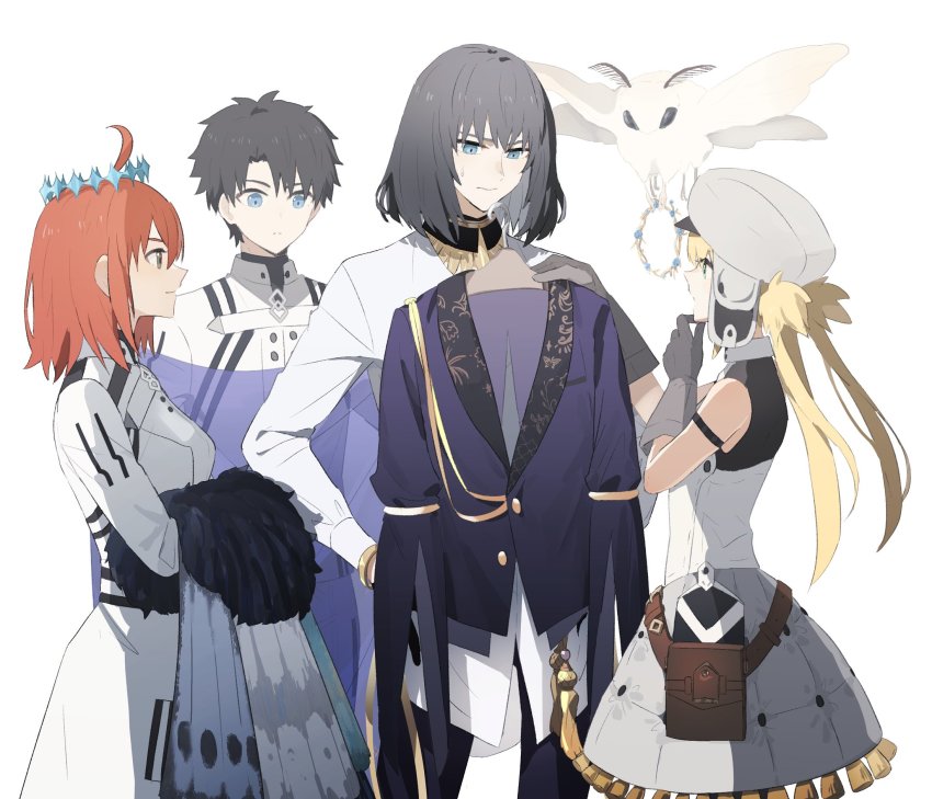 2boys, 2girls, ahoge, alternate_hair_color, artoria_caster_(fate), artoria_caster_(first_ascension)_(fate), artoria_pendragon_(fate), black_gloves