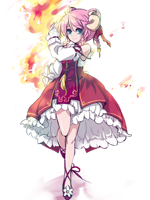 10s, 1girl, ankle_lace-up, bad_id, bad_pixiv_id, bare_legs, bare_shoulders, braid, cross, detached_sleeves, dress, female_focus, fire, flaming_hand, flower, full_body, green_eyes, horns, icedango_(dpopic3), makishu, petticoat, pink_hair, ribbon, sheep_(trickster), short_hair, solo, standing, standing_on_one_leg, trickster_(ntreev_soft)