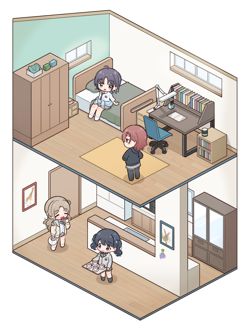 4girls, absurdres, ahoge, asakura_toru, bed, bedroom, black_hair, black_legwear, blazer, blue_eyes, brown_hair, cabinet, carpet, chair, closed_eyes, clothes_around_waist, commentary_request, cup, desk, earrings, fangs, floorplan, flower, fukumaru_koito, gradient_hair, grey_jacket, grey_skirt, hair_flower, hair_ornament, hairclip, highres, higuchi_madoka, ichikawa_hinana, idolmaster, idolmaster_shiny_colors, interior, isometric, jacket, jacket_around_waist, jewelry, long_hair, miniskirt, mokume_rin, multicolored_hair, multiple_girls, noctchill_(idolmaster), on_bed, pantyhose, plaid_clothes, plaid_skirt, pleated_skirt, purple_eyes, school_uniform, shelf, shirt, short_hair, sitting, skin_fangs, skirt, sweater, teacup, twintails, white_shirt, window, wooden_floor