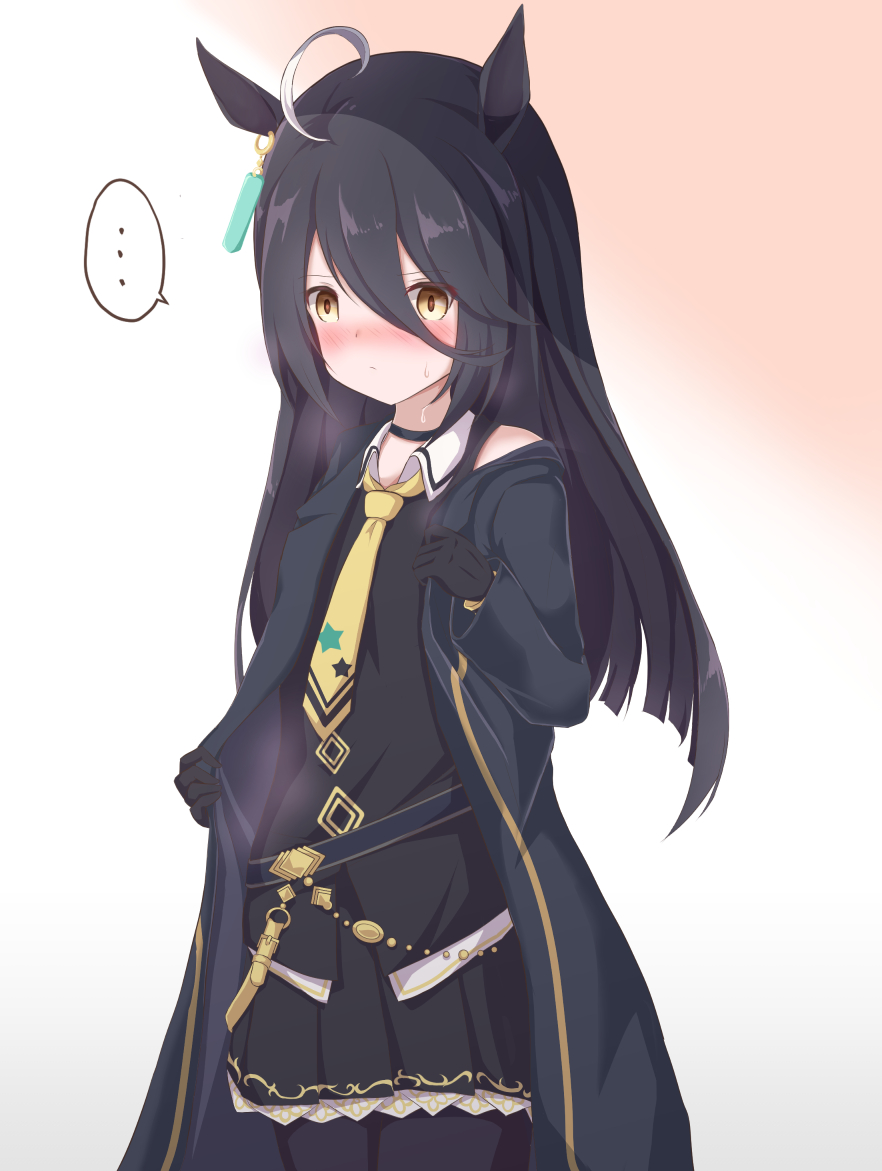 ..., 1girl, ahoge, animal_ears, bare_shoulders, black_gloves, black_hair, black_jacket