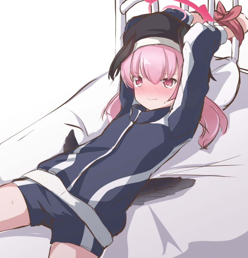 1girl, arms_up, beret, black_hat, black_jacket, black_shorts, black_wings, blue_archive