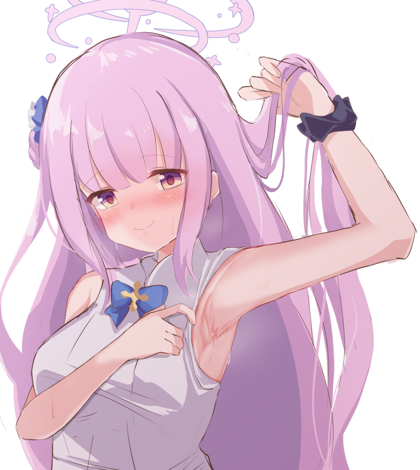 1girl, arm_up, armpits, bare_arms, bare_shoulders, black_scrunchie, blue_archive, blue_bow