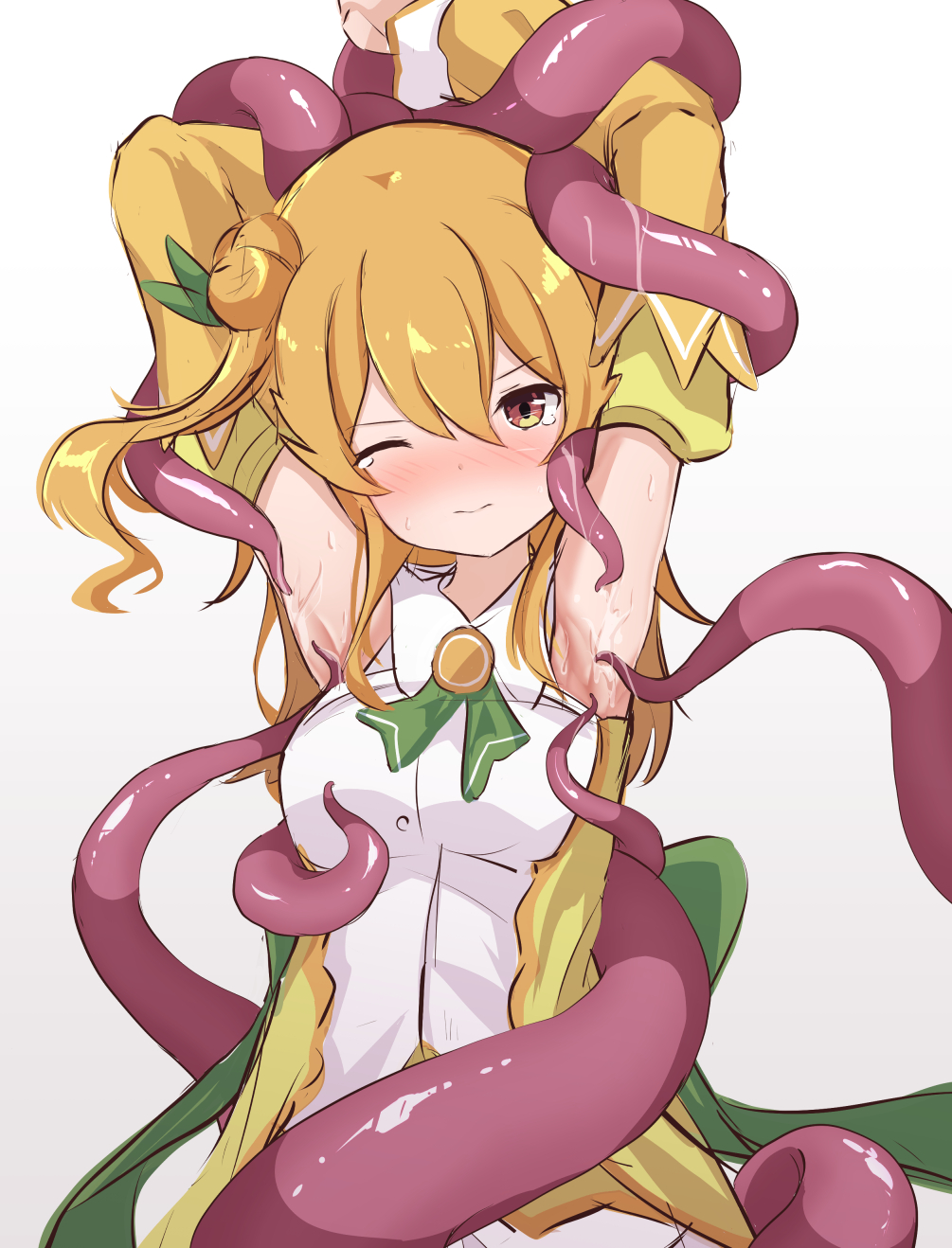 1girl, armpits, arms_up, blush, breasts, brown_hair, brown_sleeves, closed_mouth, detached_sleeves, dress, gradient_background, grey_background, hair_between_eyes, hair_bun, highres, hinatsuki_mikan, k_knakomochi008, machikado_mazoku, nose_blush, one_eye_closed, one_side_up, red_eyes, single_hair_bun, small_breasts, solo, tentacles, tickling, tickling_armpits, white_background, white_dress