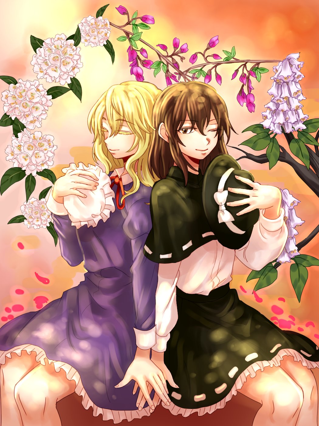 black_capelet, black_headwear, black_skirt, blonde_hair, bow, breasts, brown_eyes, brown_hair