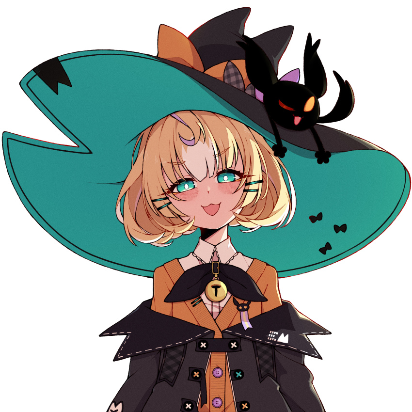 1girl, :3, absurdres, aqua_eyes, black_bow, black_hat, black_jacket, blonde_hair