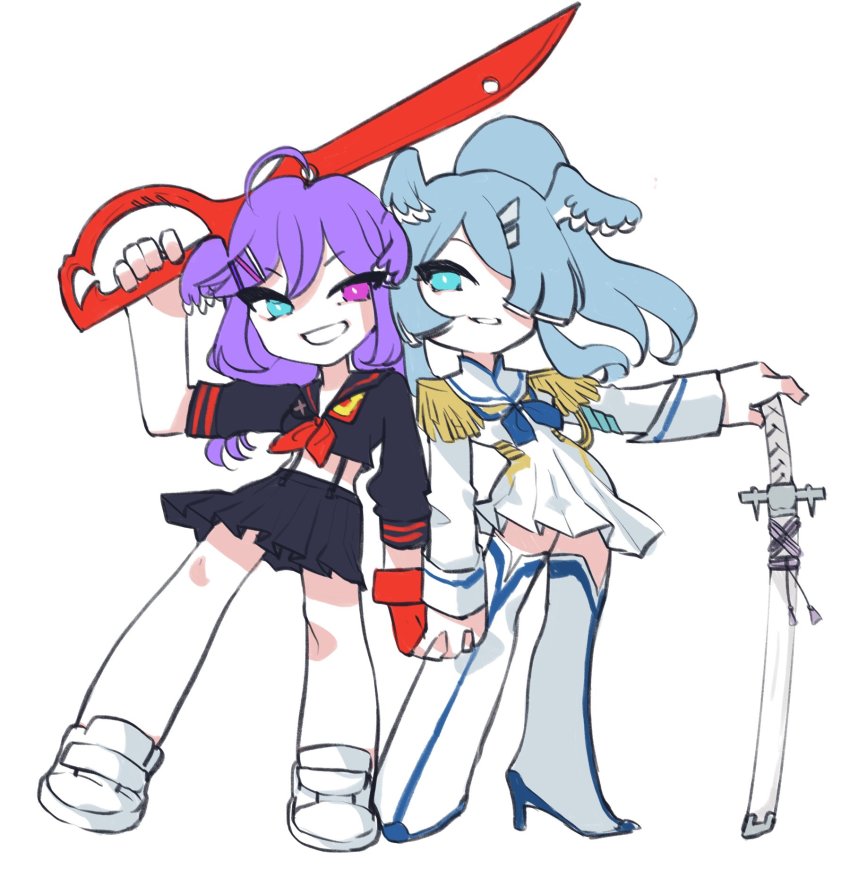 2girls, black_skirt, blue_eyes, blue_hair, boots, chibi, cosplay, elira_pendora, gloves, hand_on_hilt, head_wings, heterochromia, high_heel_boots, high_heels, highres, holding, holding_hands, holding_sword, holding_weapon, jacket, junketsu, katana, kill_la_kill, kiryuuin_satsuki, kiryuuin_satsuki_(cosplay), looking_to_the_side, matoi_ryuuko, matoi_ryuuko_(cosplay), multiple_girls, nijisanji, nijisanji_en, purple_eyes, purple_hair, red_gloves, s_h_i_e, scissor_blade_(kill_la_kill), selen_tatsuki, senketsu, skirt, smile, sword, thigh_boots, thighhighs, virtual_youtuber, weapon, white_background, white_footwear, white_jacket, wings