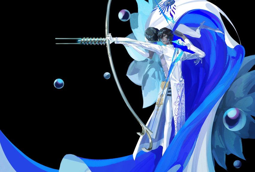 1boy, absurdres, arjuna_(fate), arjuna_(third_ascension)_(fate), black_hair, bow_(weapon), commentary, dark-skinned_male