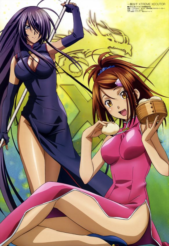 00s, 10s, 2girls, :d, antenna_hair, arm_up, armpits, bachou_mouki, bamboo_steamer, steamed_bun, blue_eyes, blush, breasts, brown_hair, china_dress, chinese_clothes, cleavage, cleavage_cutout, clothing_cutout, dragon, dress, elbow_gloves, food, gloves, gotou_junji, hair_ornament, hair_over_one_eye, hairclip, high_ponytail, ikkitousen, ikkitousen_xtreme_xecutor, impossible_clothes, impossible_dress, kan'u_unchou, large_breasts, legs, long_hair, megami_magazine, multiple_girls, no_panties, official_art, open_mouth, polearm, ponytail, purple_hair, resize, scan, scrunchie, shoes, sitting, smile, standing, turtleneck, very_long_hair, weapon, yellow_eyes