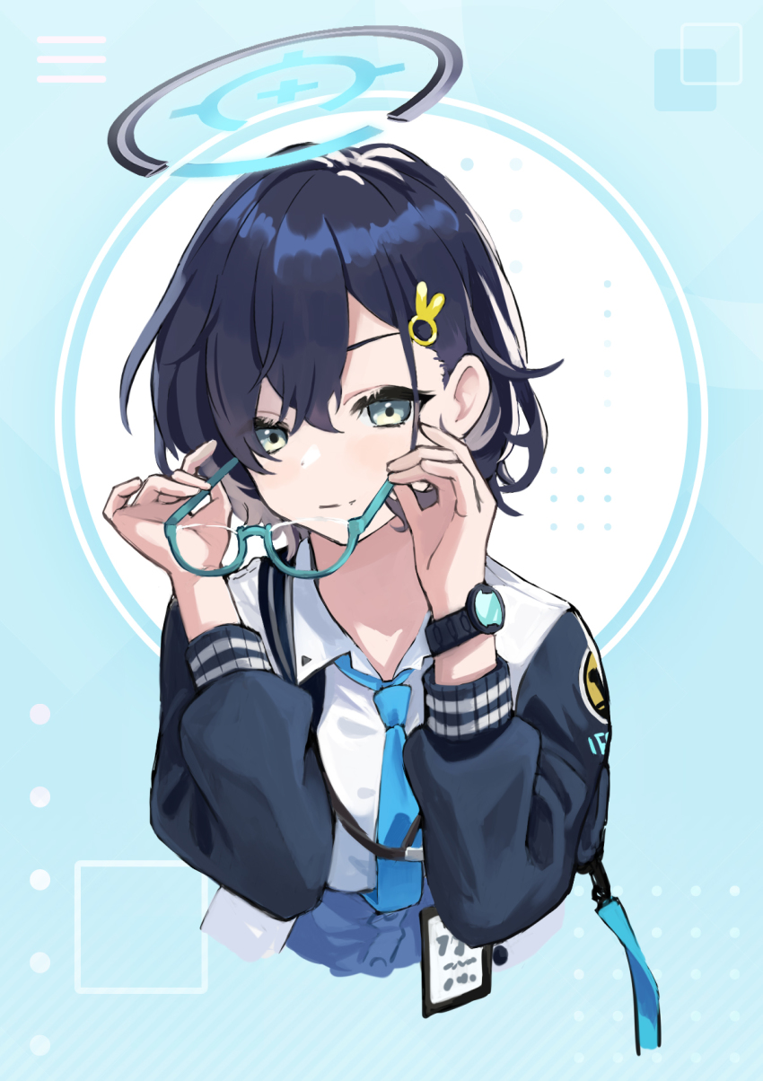 1girl, asymmetrical_bangs, black_hair, blue-framed_eyewear, blue_archive, blue_background, blue_necktie, blue_sweater_vest