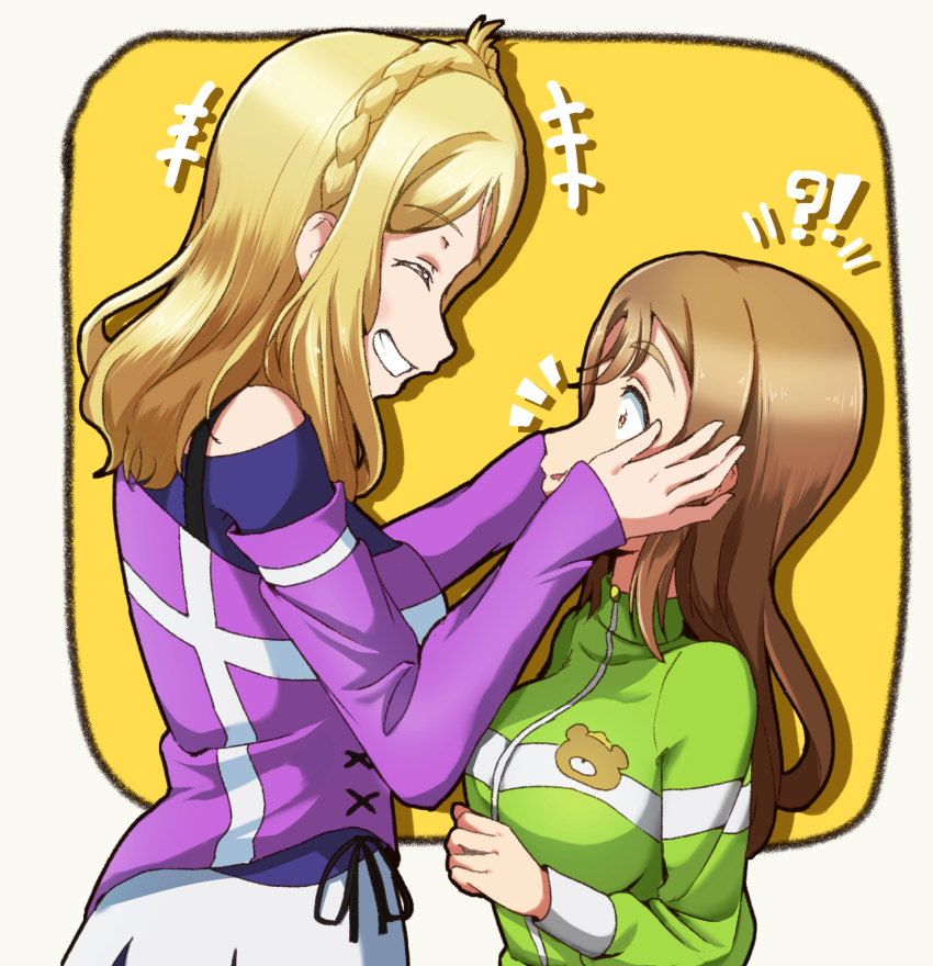 2girls, animal_print, artist_name, artist_request, bare_shoulders, black_ribbon, blonde_hair, blouse