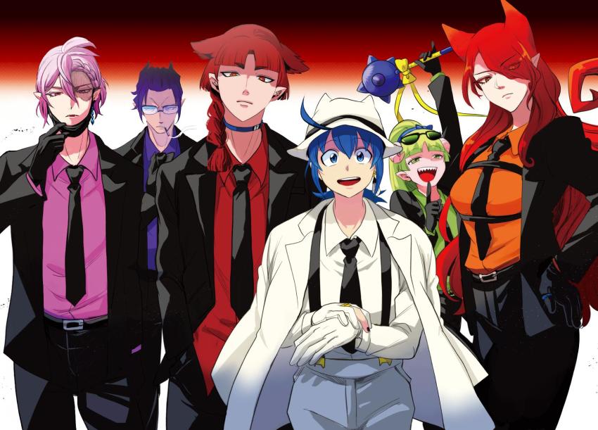 1other, 2girls, 3boys, ahoge, asmodeus_alice, azazel_ameri, black_gloves, black_suit