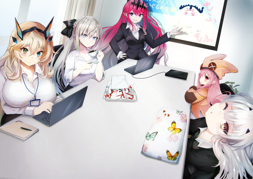 5girls, animal_print, baobhan_sith_(fate), barghest_(fate), blonde_hair, breasts, butterfly_print, cernunnos_(fate)