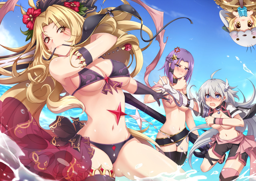 4girls, aata1007, ahoge, angry, belt, bikini, blonde_hair, blue_eyes