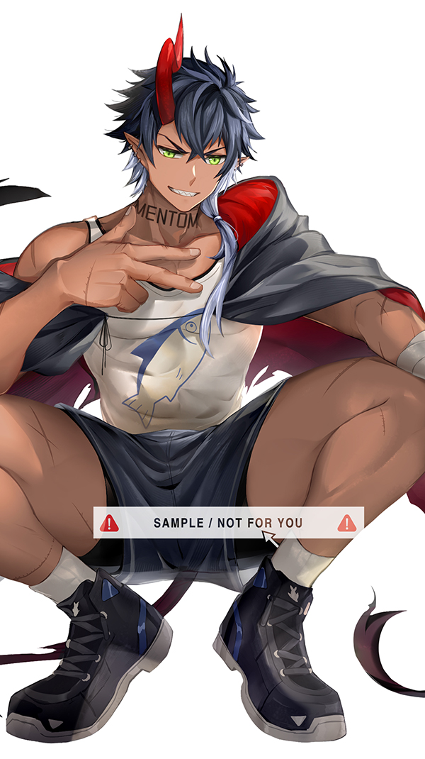 1boy, bike_shorts, black_hair, horns, looking_at_viewer, male_focus, multicolored_hair, open_mouth