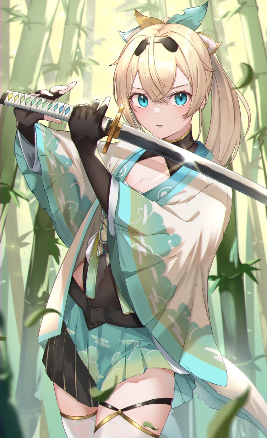 1girl, absurdres, almico, aqua_eyes, bamboo, bamboo_forest, black_gloves, black_hairband