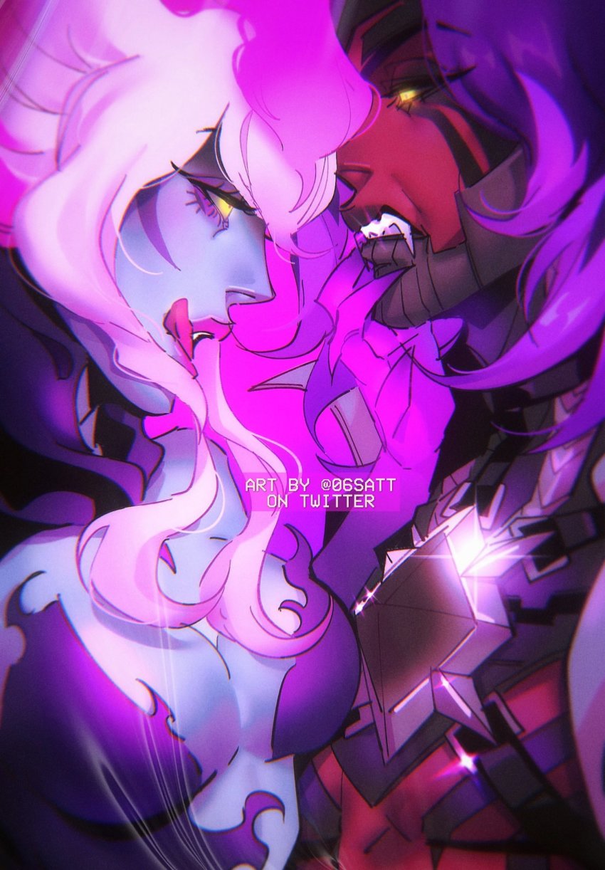 1boy, 1girl, alternate_costume, alternate_skin_color, artist_name, bad_id, bad_twitter_id, breasts, colored_skin, demon, dissonance_of_pentakill_viego, evelynn_(league_of_legends), fangs, glowing, glowing_eyes, grey_hair, hand_up, highres, large_breasts, league_of_legends, long_hair, long_tongue, looking_at_another, pink_background, pink_hair, red_skin, satt_(06satt), smile, teeth, tongue, tongue_out, viego_(league_of_legends), yellow_eyes