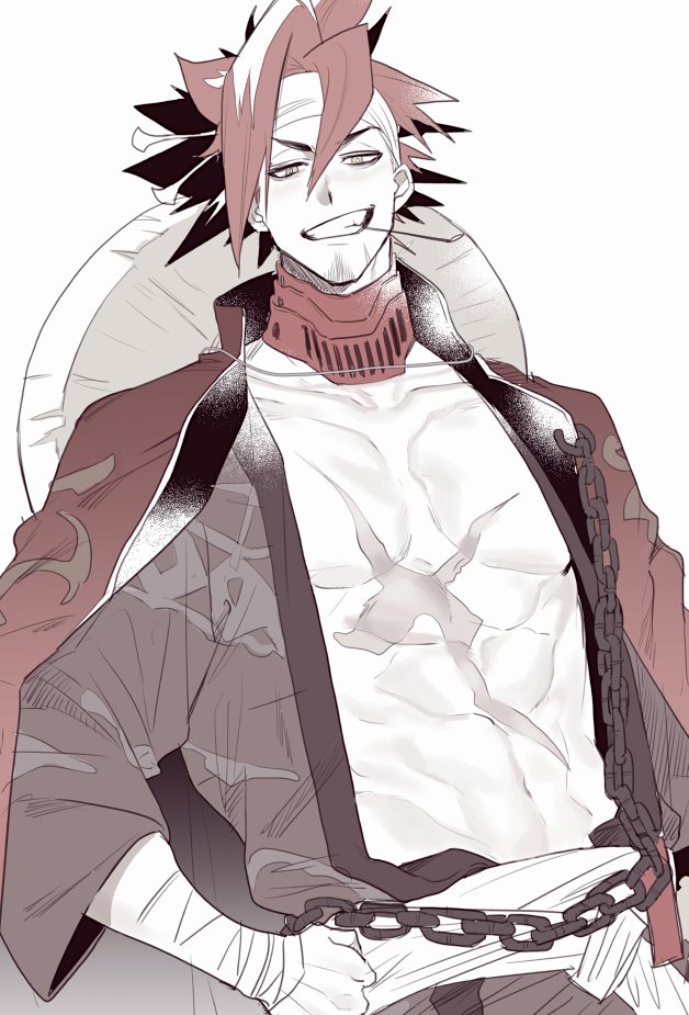 1boy, 5_(femfamme), abs, alchemy_stars, bandaged_arm, bandages, black_kimono, chain