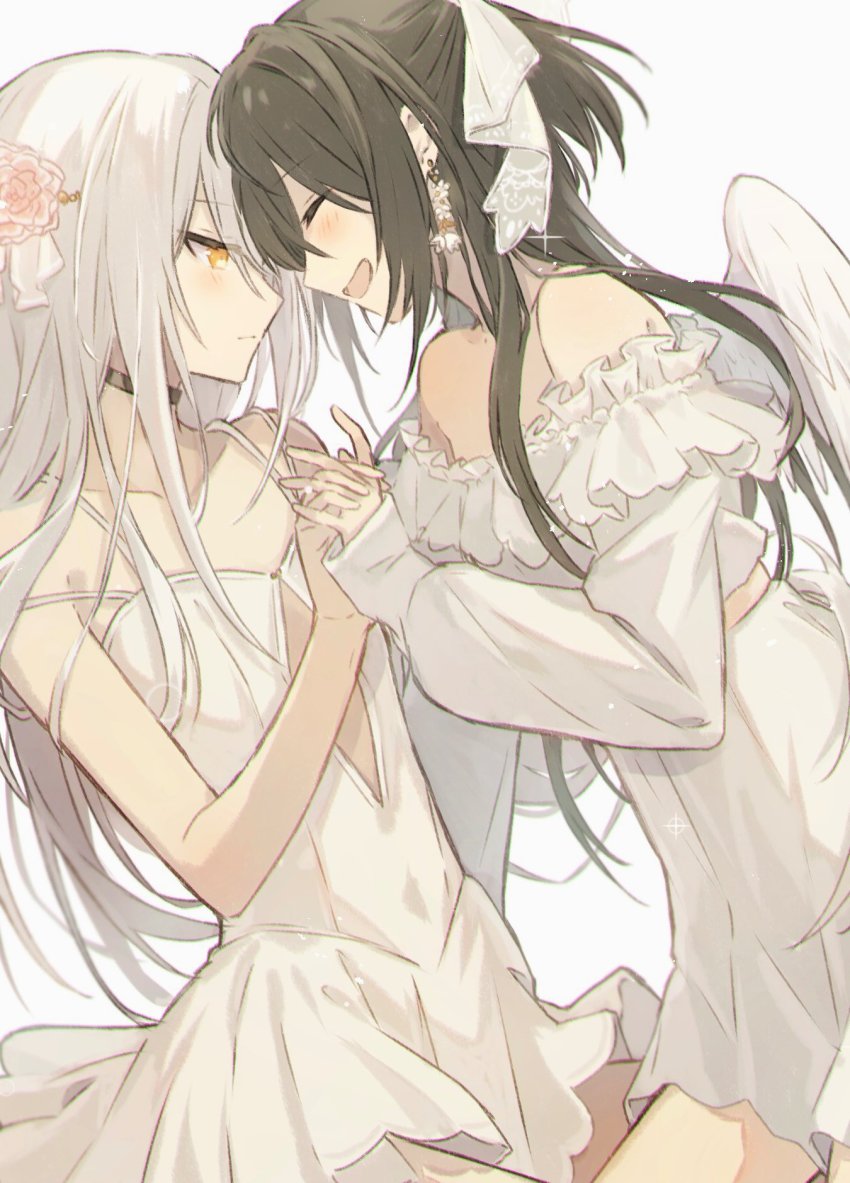 1010_neg, 2girls, :d, angel_wings, bare_shoulders, black_choker, black_hair, choker, closed_eyes, closed_mouth, dress, earrings, facing_another, flower, flower_earrings, forehead-to-forehead, from_side, hair_flower, hair_ornament, heads_together, highres, holding_hands, jewelry, long_hair, long_sleeves, looking_at_another, multiple_girls, off-shoulder_dress, off_shoulder, open_mouth, original, silver_hair, simple_background, sleeveless, sleeveless_dress, smile, white_background, white_dress, wings, yellow_eyes, yuri