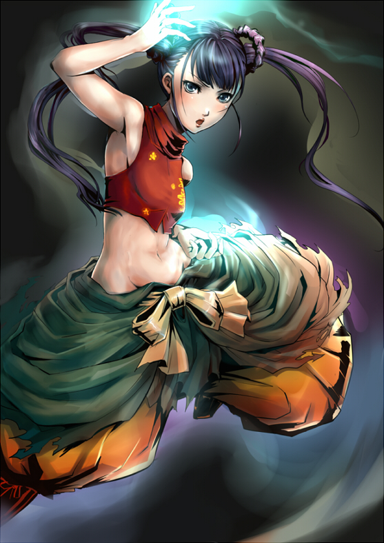 1girl, atlus, black_hair, commentary_request, etrian_odyssey, female_focus, gradient_background, green_eyes, jorogumo, lowleg, lowleg_pants, monk_(sekaiju), monk_2_(sekaiju), no_panties, pants, sekaiju_no_meikyuu, sekaiju_no_meikyuu_3, solo, twintails