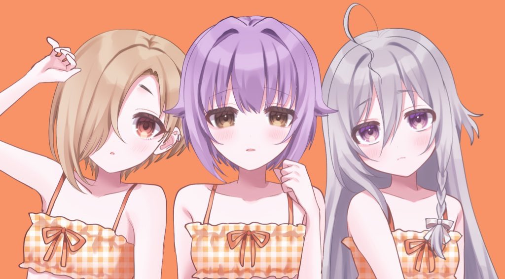 3girls, ahoge, alternate_costume, bikini, bra, collarbone, hair_between_eyes, hair_intakes, hair_over_one_eye, hoshi_syoko, idolmaster, idolmaster_cinderella_girls, kawaii_boku_to_142's_(idolmaster), koshimizu_sachiko, looking_at_viewer, multiple_girls, one_eye_covered, orange_background, orange_bikini, orange_bra, plaid_bikini, plaid_clothes, sahara_tsugumi, shirasaka_koume, simple_background, swimsuit, underwear, upper_body