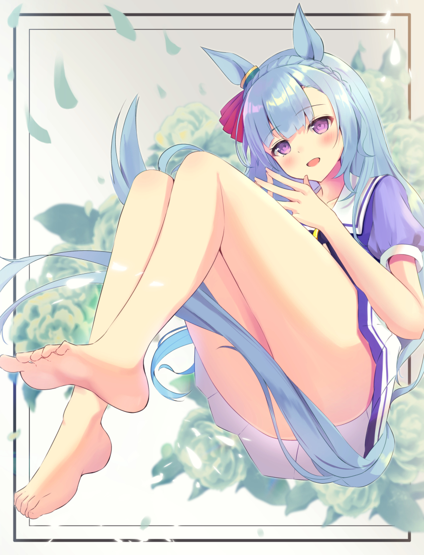1girl, aonu_koru, barefoot, blue_hair, blush, breasts, floral_background, hair_ornament