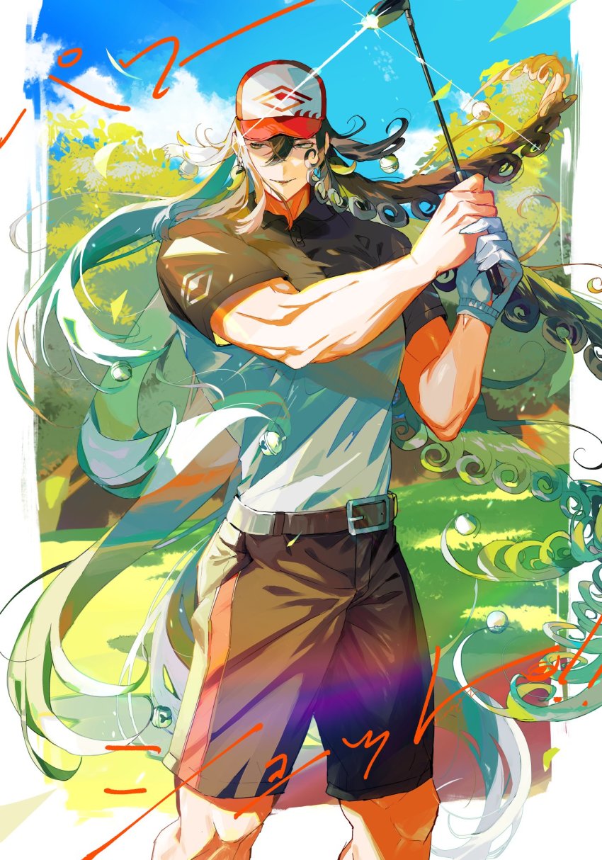 1boy, ashiya_douman_(fate), ashiya_douman_(power_shot)_(fate), asymmetrical_hair, bell, black_eyes, black_hair, cloud