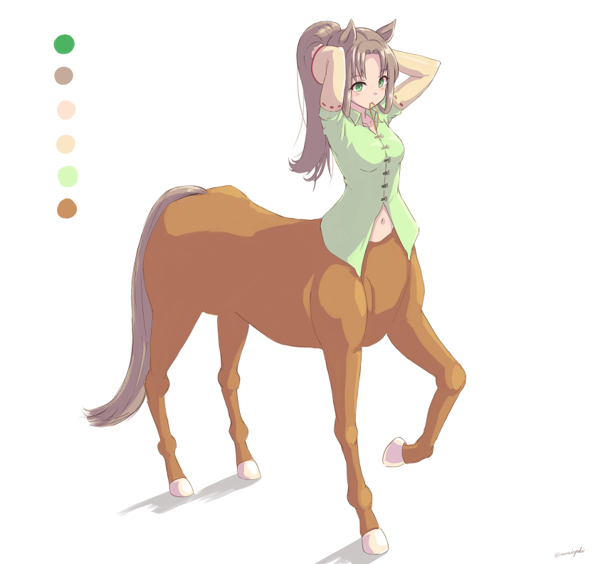 1girl, animal_ears, awaiyuhi, centaur, female_focus, green_eyes, grey_hair, highres, hooves, horse_ears, monster_girl, navel, original, parted_bangs, simple_background, solo, taur, tying_hair, white_background