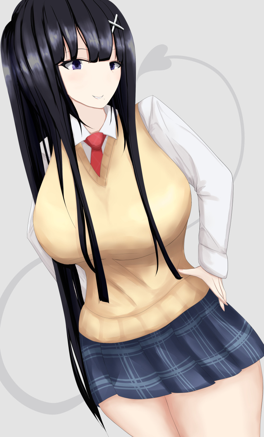 1girl, absurdres, black_hair, breasts, dorobachi, hair_ornament, highres, large_breasts