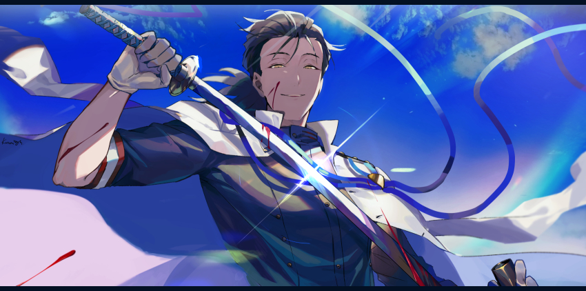 1boy, black_hair, blood, blood_on_clothes, blood_on_face, bloody_weapon, commentary, commentary_request, evil_smile, fate/grand_order, fate_(series), gloves, half-closed_eyes, highres, holding, holding_sword, holding_weapon, jacket, jacket_on_shoulders, japanese_clothes, katana, knmendako, long_hair, male_focus, ponytail, sakamoto_ryouma_(fate), sakamoto_ryouma_(lancer)_(fate), sakamoto_ryouma_(lancer)_(third_ascension)_(fate), shirt, sky, smile, solo, sword, upper_body, weapon, white_gloves, white_jacket, yellow_eyes