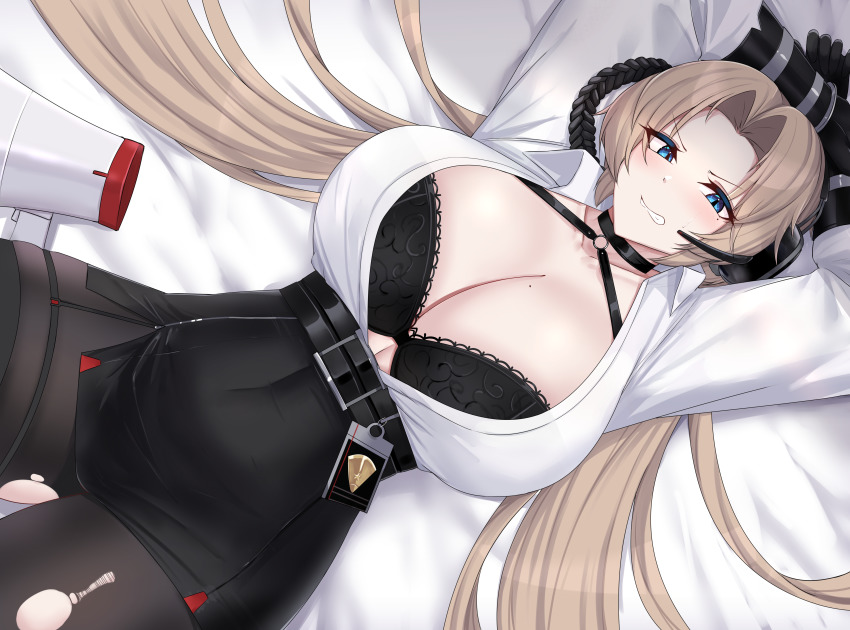 1girl, absurdres, azur_lane, black_pantyhose, blouse, bobobo1345, breasts, cleavage