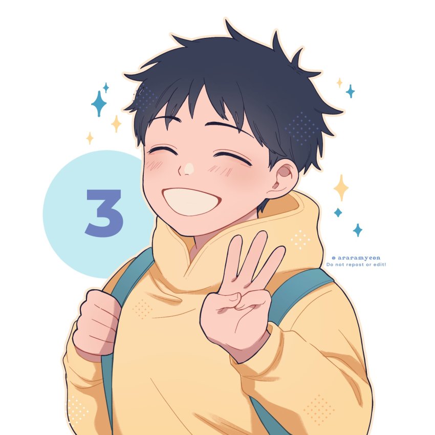 1boy, 3, aged_down, araramyeon_(artist), backpack, bag, blush, closed_eyes