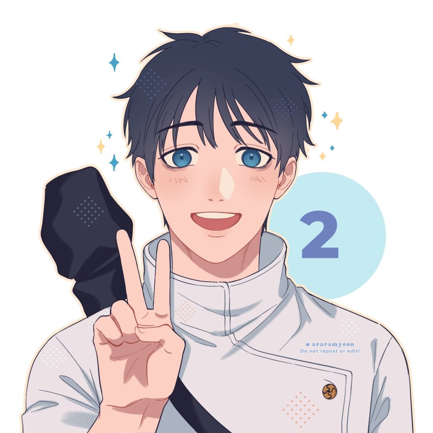 1boy, 2, :d, aged_down, araramyeon_(artist), blush, highres, jacket, jujutsu_kaisen, looking_at_viewer, okkotsu_yuta, open_mouth, over_shoulder, short_hair, smile, solo, sword, v, weapon, weapon_over_shoulder, white_jacket