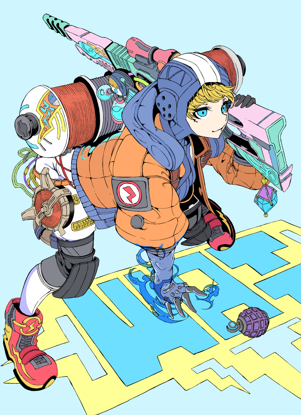 1girl, apex_legends, bent_over, blue_bodysuit, blue_eyes, blue_gloves, blue_headwear, bodysuit