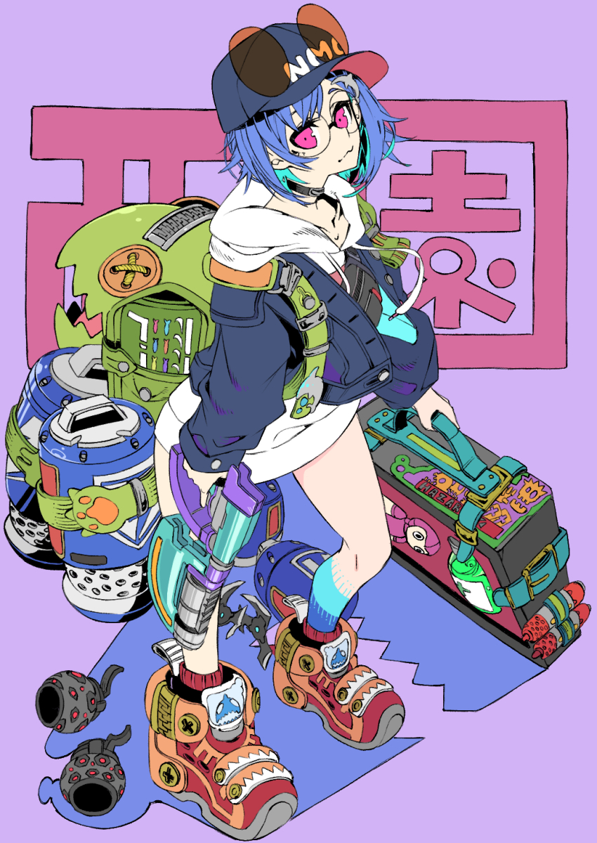 1girl, :3, apex_legends, arc_star, backpack, bag, blue_hair, blue_jacket