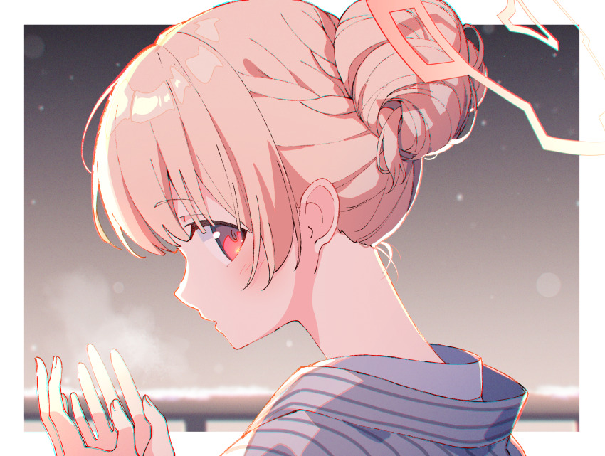 blonde_hair, blue_archive, blush, braid, from_side, hair_bun, halo, highres, japanese_clothes, kimono, nodoka, nodoka_(blue_archive), nodoka_(hot_spring)_(blue_archive), red_eyes, short_hair, single_hair_bun, snow, winter, yukata, zoirun