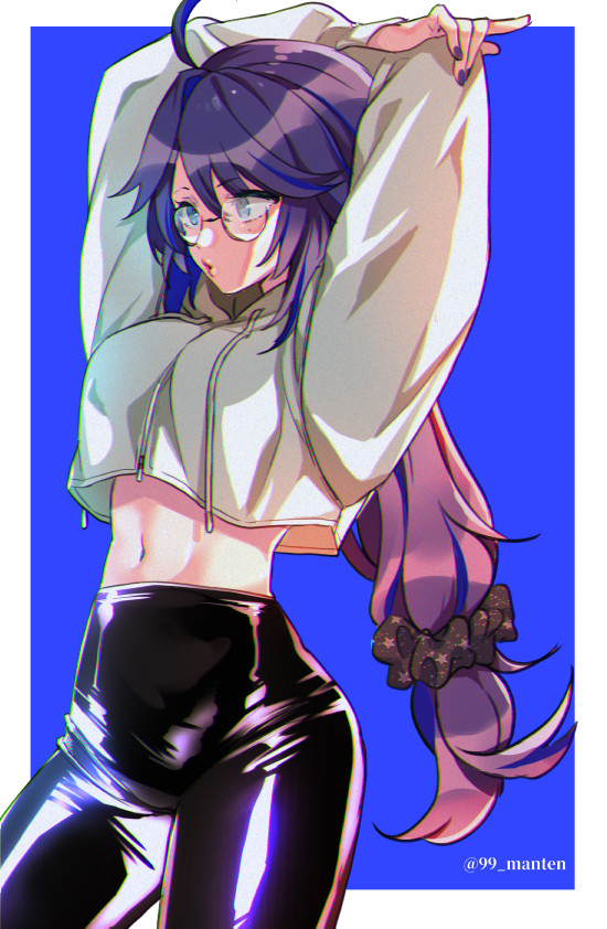 1girl, ahoge, arms_up, black_pants, blue_eyes, crop_top, drawstring, glasses