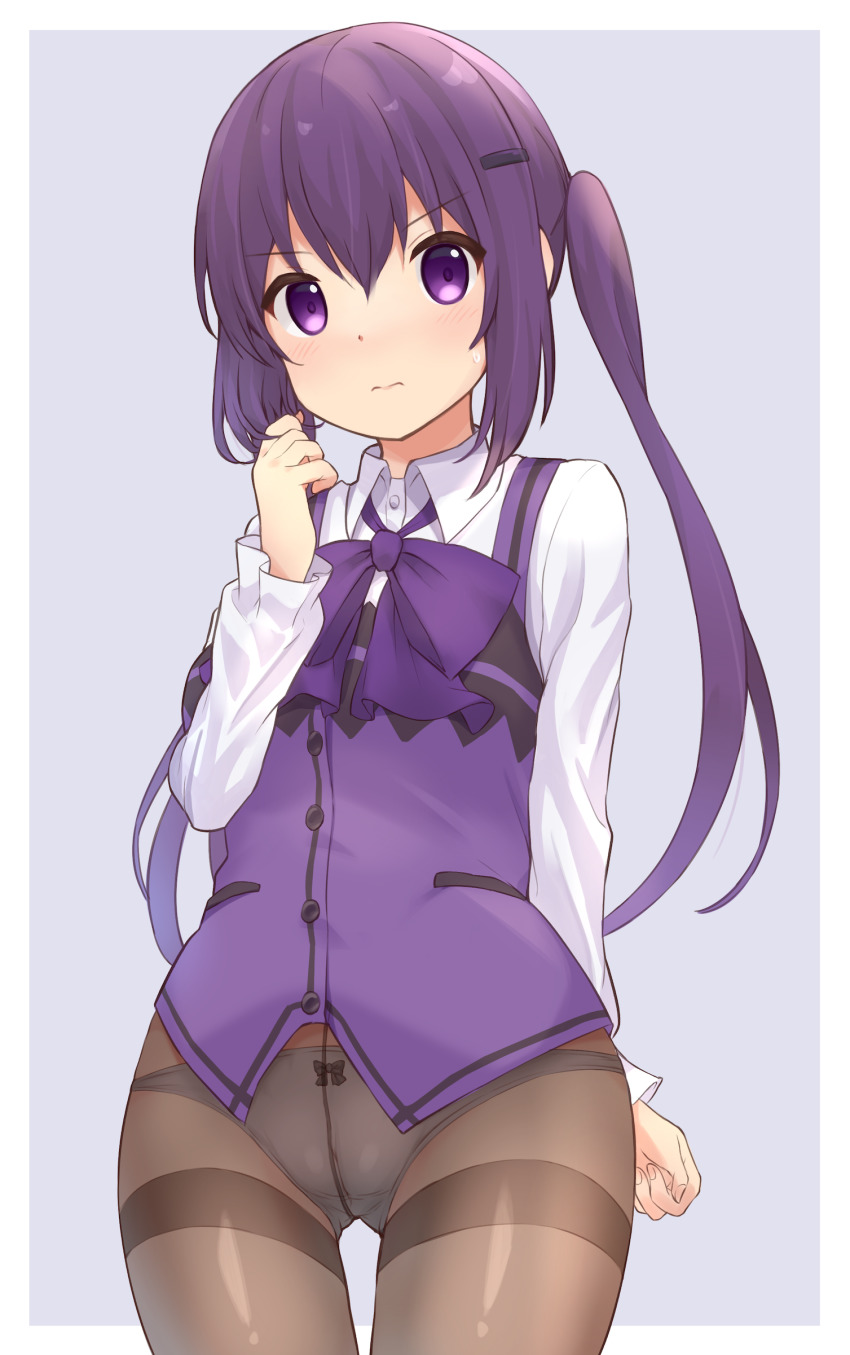 1girl, absurdres, border, bow, bow_panties, bowtie, closed_mouth, cowboy_shot, dress_shirt, fingernails, floating_hair, gluteal_fold, gochuumon_wa_usagi_desu_ka?, grey_background, hair_between_eyes, hair_ornament, hairclip, highres, long_hair, long_sleeves, looking_at_viewer, matching_hair/eyes, outside_border, panties, panties_under_pantyhose, pantyhose, purple_bow, purple_bowtie, purple_eyes, purple_hair, purple_vest, rabbit_house_uniform, shirt, simple_background, solo, standing, tedeza_rize, thigh_gap, thighband_pantyhose, twintails, underwear, very_long_hair, vest, white_border, white_shirt, yaplus