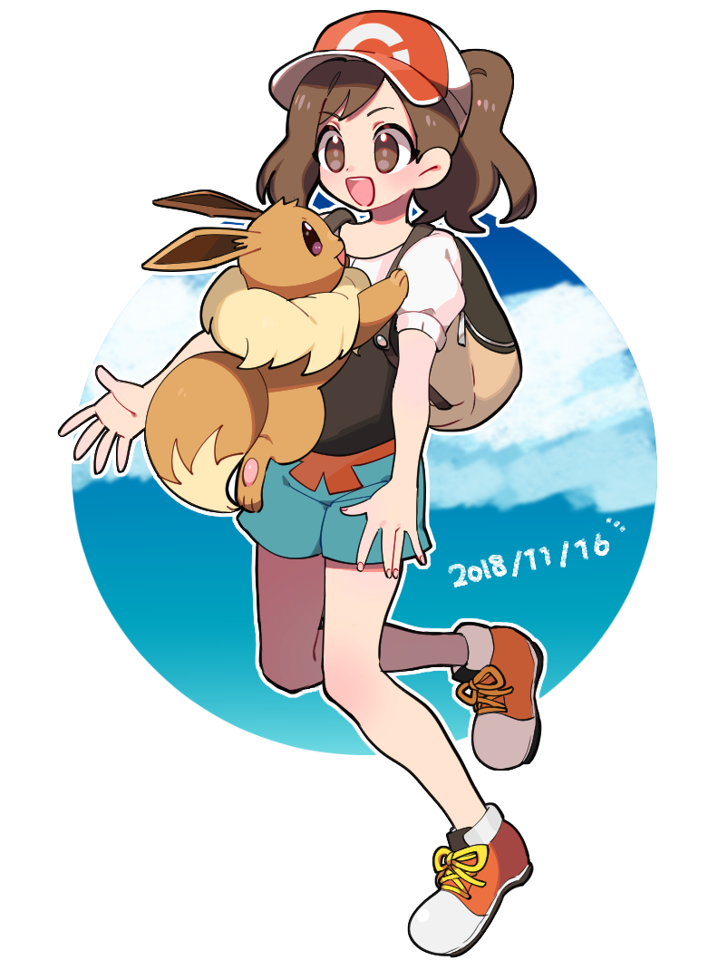 1girl, aqua_shorts, backpack, bag, baseball_cap, blue_background, blue_sky, blush, brown_eyes, brown_hair, cloud, dated, day, eevee, elaine_(pokemon), eye_contact, female_focus, full_body, fur_collar, gen_1_pokemon, happy, hat, imminent_hug, jumping, kureson_(hayama_baa), leg_up, looking_at_another, looking_down, looking_up, matching_hair/eyes, medium_hair, multicolored_shirt, nintendo, open_mouth, outdoors, outline, outstretched_arms, pawpads, poke_ball_symbol, poke_ball_theme, pokemon, pokemon_(creature), pokemon:_let's_go_pikachu!_and_let's_go_eevee!, ponytail, puffy_short_sleeves, puffy_sleeves, purple_eyes, red_footwear, red_headwear, shirt, shoes, short_shorts, short_sleeves, shorts, sidelocks, sky, smile, standing, standing_on_one_leg, teeth, two-tone_background, white_background, white_outline