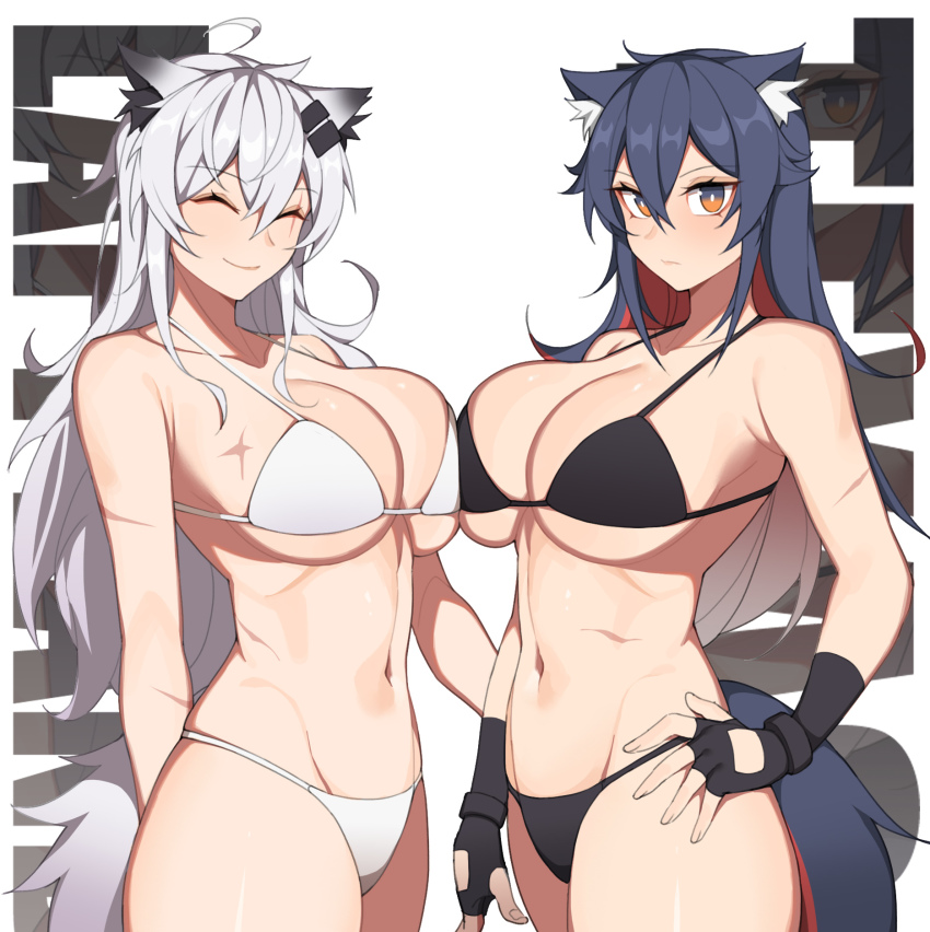 2girls, ^_^, animal_ear_fluff, animal_ears, arknights, asymmetrical_docking, bare_shoulders, bikini