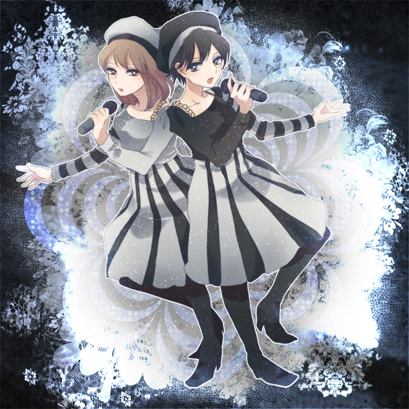 2girls, bad_id, bad_pixiv_id, beret, black_hair, blue_eyes, brown_eyes, brown_hair