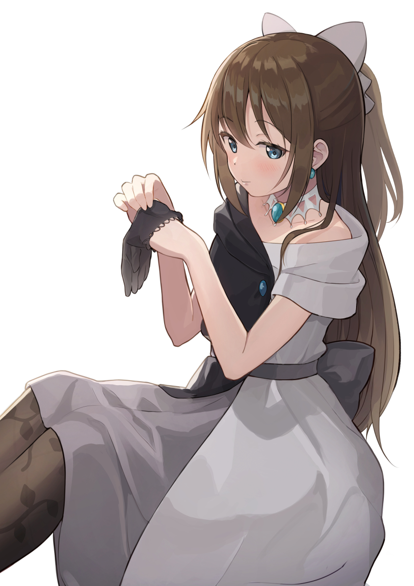 1girl, absurdres, back_bow, bare_shoulders, black_dress, black_gloves, black_pantyhose, blue_eyes, blush, bow, brooch, brown_hair, closed_mouth, dress, earrings, evening_gown, floating_earrings, gloves, hair_between_eyes, hair_bow, half_updo, highres, jewelry, long_hair, looking_at_viewer, love_live!, love_live!_nijigasaki_high_school_idol_club, neck_ring, off-shoulder_dress, off_shoulder, osaka_shizuku, pantyhose, ponytail, putting_on_gloves, short_dress, sidelocks, simple_background, sitting, smile, solitude_rain_(love_live!), solo, tata_(tataice), two-tone_dress, unworn_gloves, white_background, white_dress