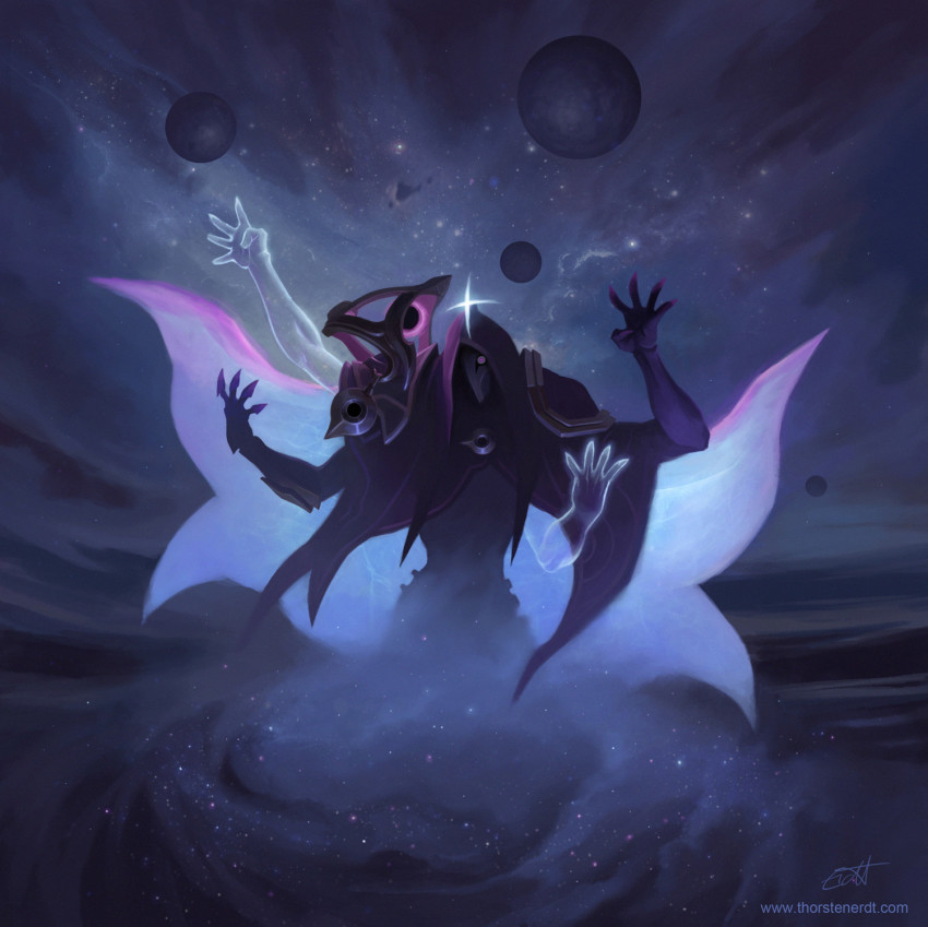 1boy, armor, arms_up, dark_cosmic_jhin, highres, hood, jhin, league_of_legends