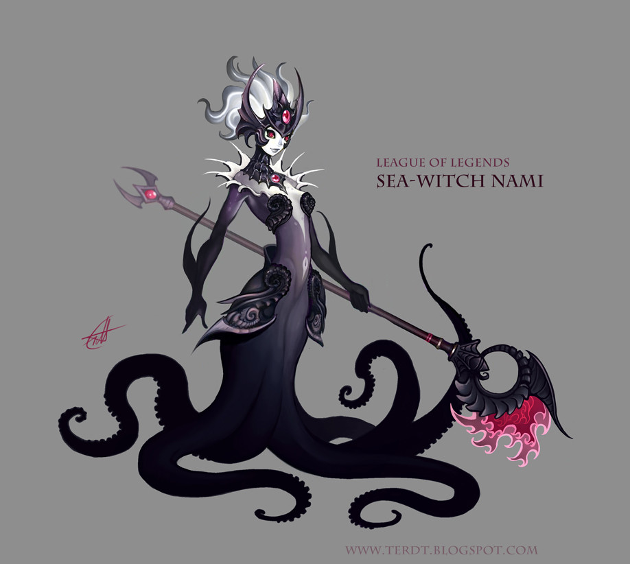 1girl, alternate_costume, armor, black_sclera, black_skin, breasts, character_name, colored_sclera, colored_skin, copyright_request, grey_background, grey_hair, holding, holding_staff, league_of_legends, long_hair, mermaid, monster_girl, nami_(league_of_legends), navel, red_eyes, scylla, signature, simple_background, small_breasts, solo, staff, tentacles, thorsten_erdt, watermark, web_address
