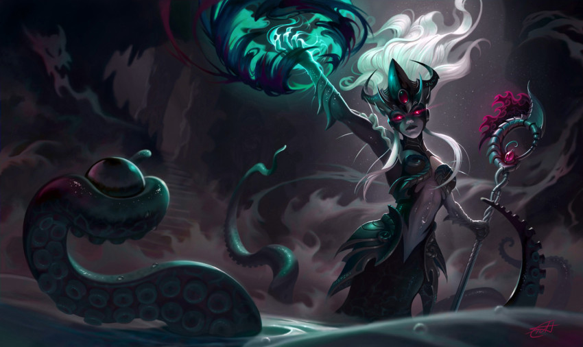 1girl, alternate_costume, arm_up, armor, black_sclera, breasts, closed_mouth, colored_sclera, colored_skin, gem, green_skin, helmet, holding, holding_staff, league_of_legends, long_hair, looking_at_viewer, magic, medium_breasts, mermaid, monster_girl, nami_(league_of_legends), navel, red_eyes, signature, solo, staff, tentacles, thorsten_erdt, water, white_hair