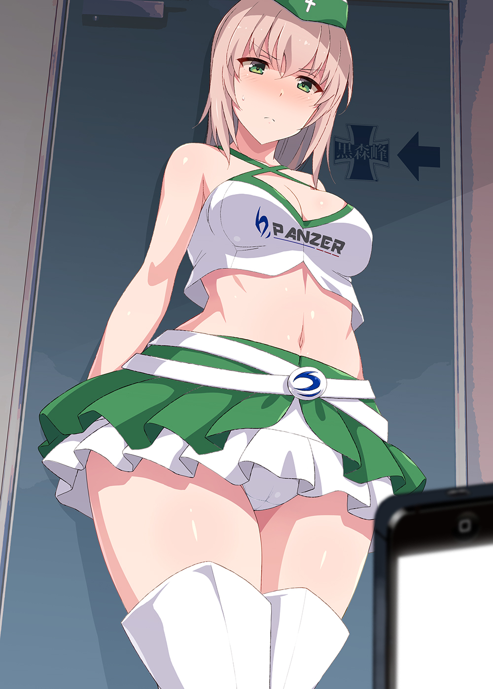 1girl, bandeau, blush, boots, breasts, cleavage, commentary_request, crop_top, frilled_skirt, frills, from_below, girls_und_panzer, green_eyes, green_skirt, highres, itsumi_erika, knee_boots, light_brown_hair, looking_at_viewer, medium_breasts, nakamura_yukitoshi, navel, official_alternate_costume, open_mouth, pacific_racing_team, panties, race_queen, skirt, solo, standing, two-tone_skirt, underwear, v-shaped_eyebrows, white_bandeau, white_boots, white_panties, white_skirt, wristband