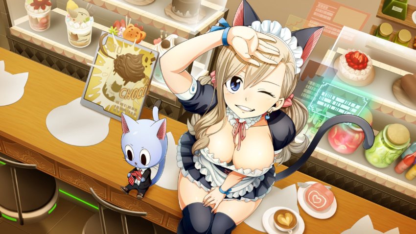 1girl, animal_ears, blonde_hair, blue_eyes, breasts, cat_ears, cat_tail, cleavage