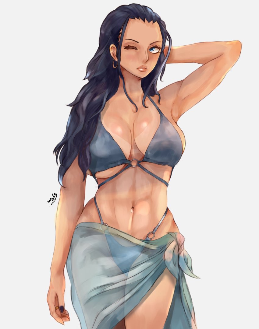 1girl, abs, arm_at_side, arm_behind_head, arm_up, armpits, artist_name, bikini