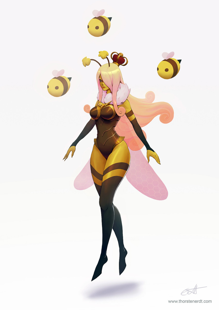1girl, alternate_costume, animal, antennae, bee, black_skin, blonde_hair, breasts, bug, colored_skin, crown, full_body, fur_collar, hair_over_one_eye, highres, insect, league_of_legends, long_hair, looking_at_viewer, medium_breasts, simple_background, solo, syndra, thorsten_erdt, white_background, wings, yellow_skin