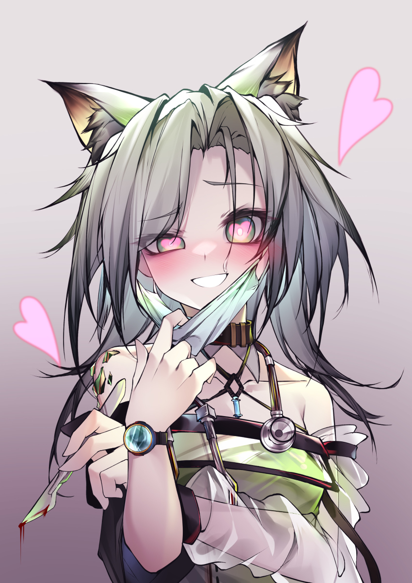 1girl, absurdres, animal_ear_fluff, animal_ears, arknights, blood, blush, cat_ears, cat_girl, dress, gradient_background, green_dress, green_eyes, grey_hair, heart, heart-shaped_pupils, highres, holding, holding_scalpel, kal'tsit_(arknights), mask, material_growth, mouth_mask, oripathy_lesion_(arknights), qinshi-ji, scalpel, smile, stethoscope, surgical_mask, symbol-shaped_pupils, yandere